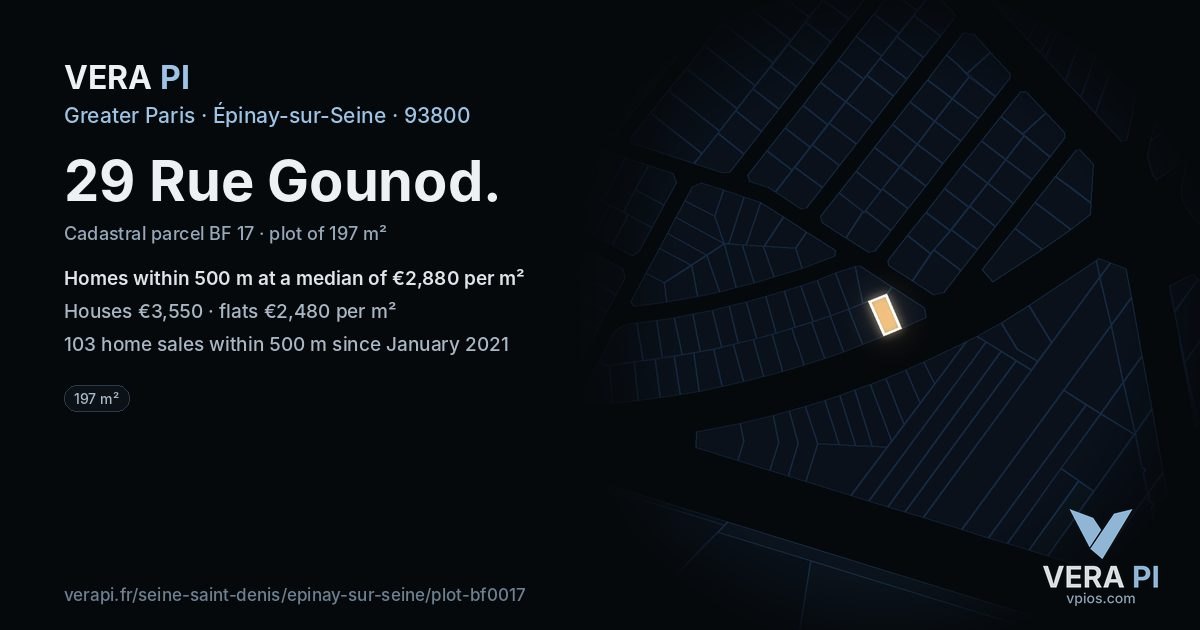 29 Rue Gounod, Épinay-sur-Seine at night – the plot lit, the parcels around coloured by the prices near them