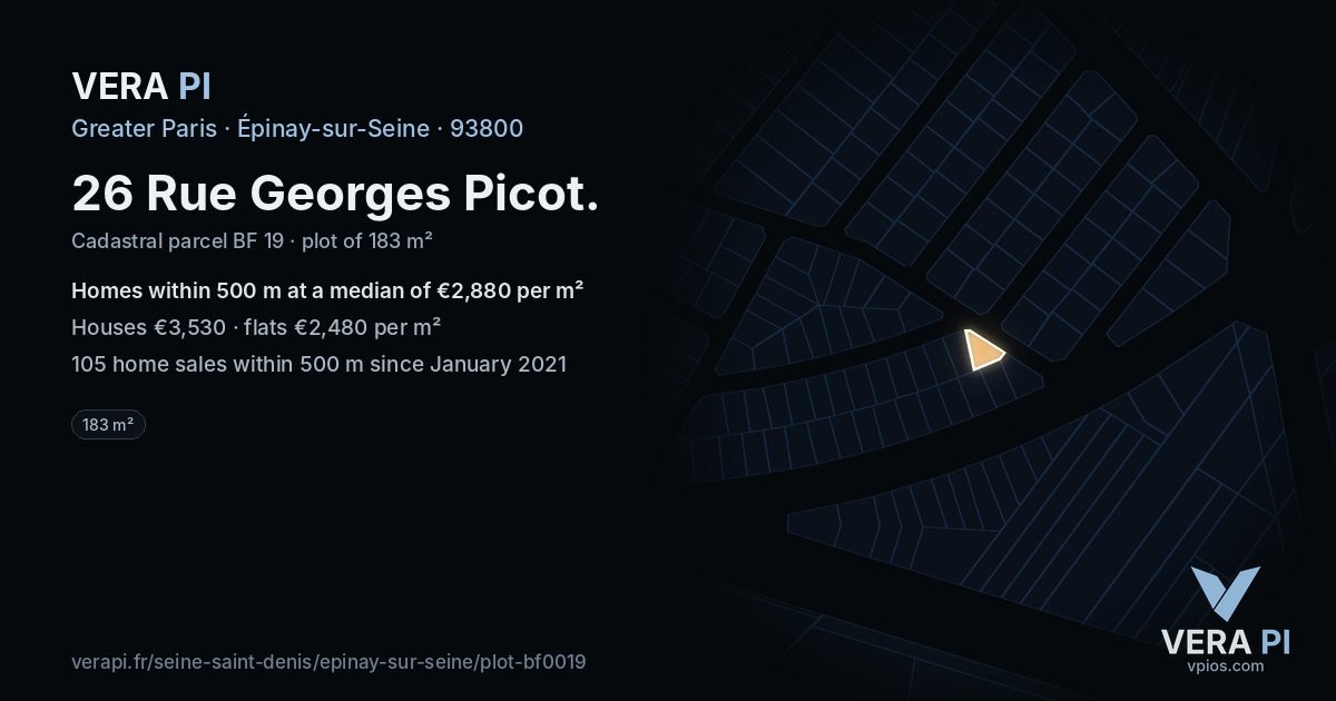 26 Rue Georges Picot, Épinay-sur-Seine at night – the plot lit, the parcels around coloured by the prices near them