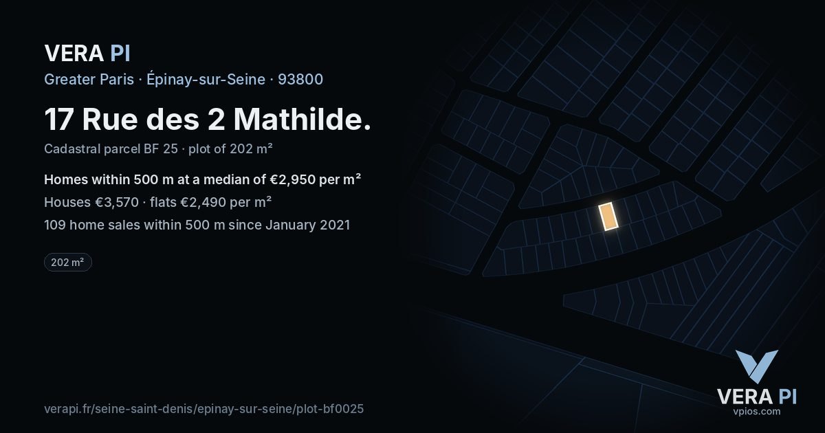 17 Rue des 2 Mathilde, Épinay-sur-Seine at night – the plot lit, the parcels around coloured by the prices near them