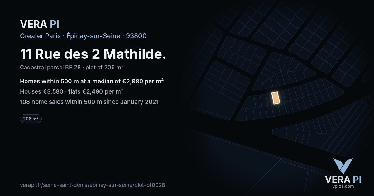 11 Rue des 2 Mathilde, Épinay-sur-Seine at night – the plot lit, the parcels around coloured by the prices near them