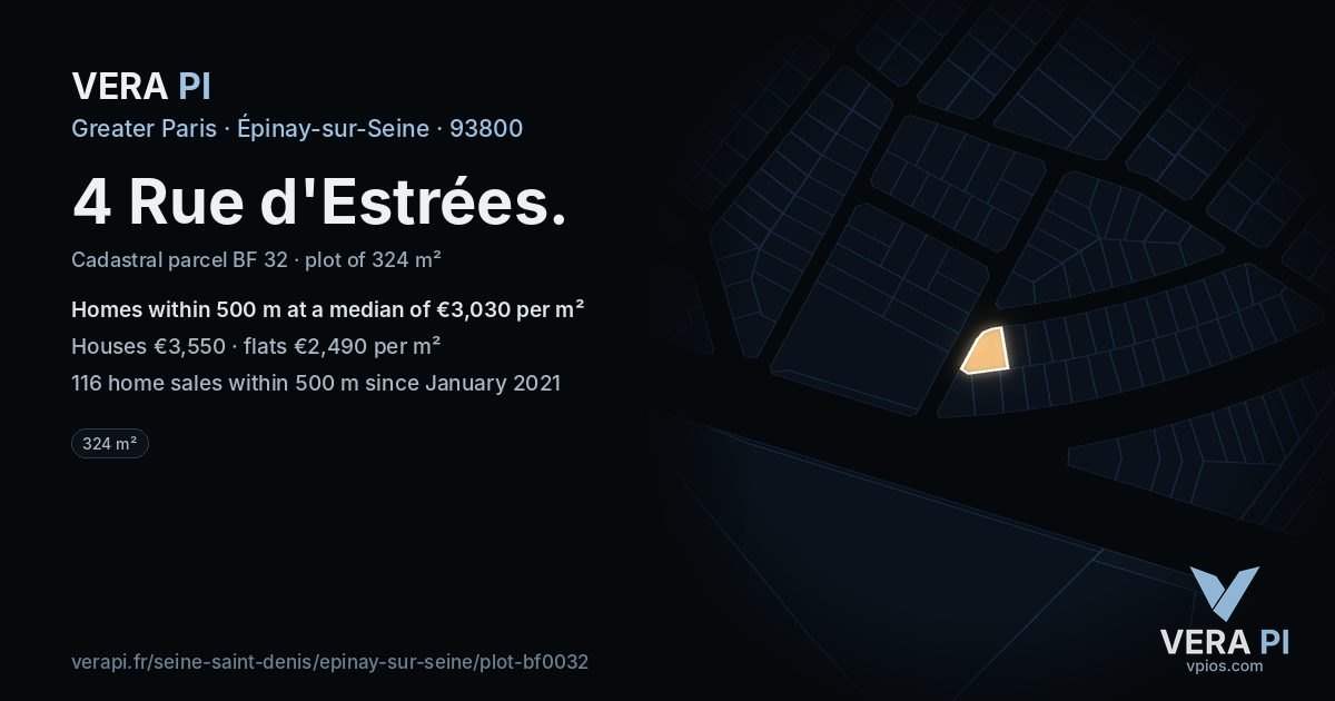 4 Rue d'Estrées, Épinay-sur-Seine at night – the plot lit, the parcels around coloured by the prices near them