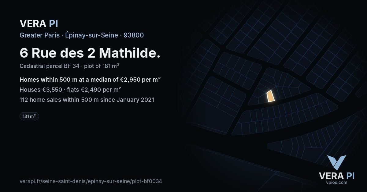 6 Rue des 2 Mathilde, Épinay-sur-Seine at night – the plot lit, the parcels around coloured by the prices near them
