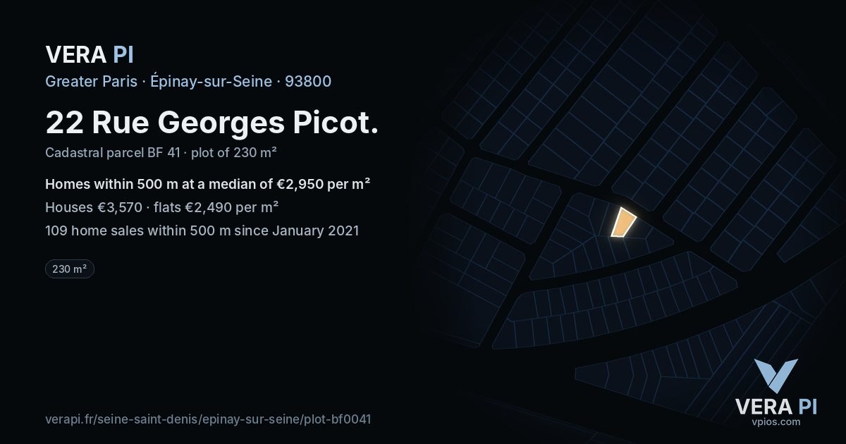 22 Rue Georges Picot, Épinay-sur-Seine at night – the plot lit, the parcels around coloured by the prices near them