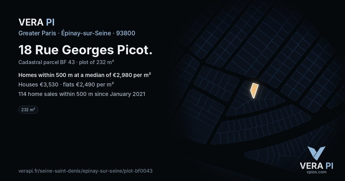 18 Rue Georges Picot, Épinay-sur-Seine at night – the plot lit, the parcels around coloured by the prices near them