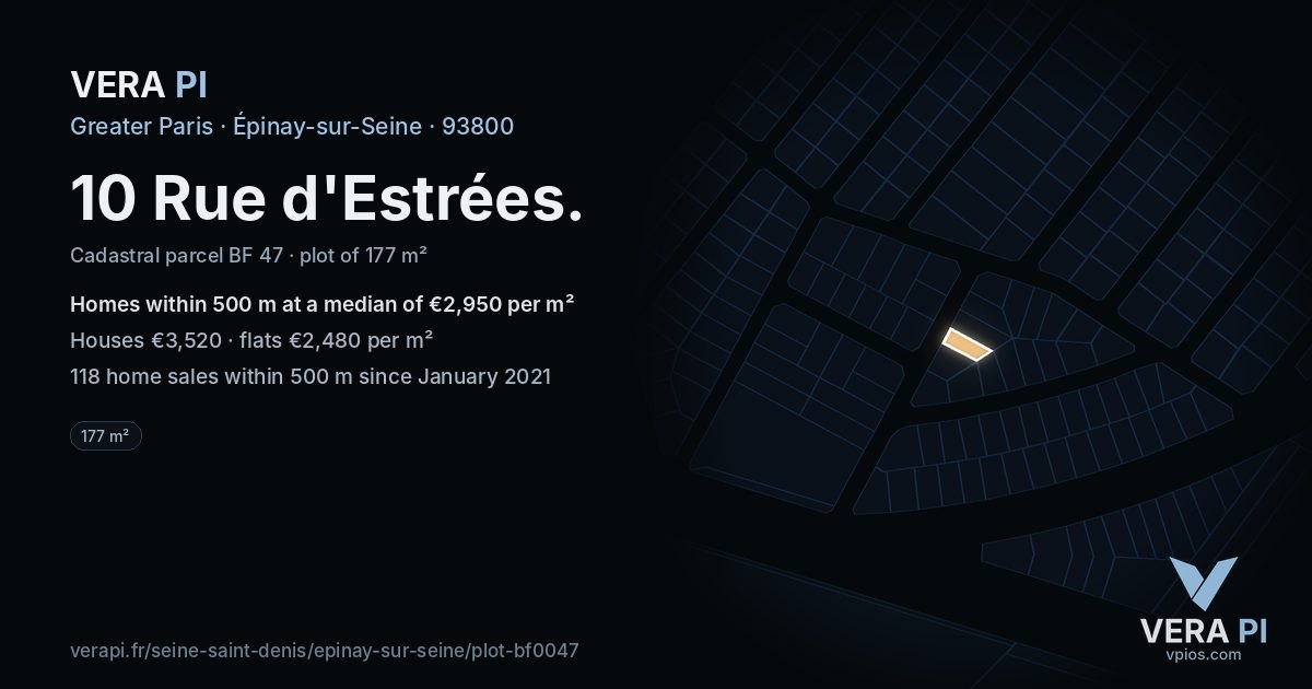 10 Rue d'Estrées, Épinay-sur-Seine at night – the plot lit, the parcels around coloured by the prices near them
