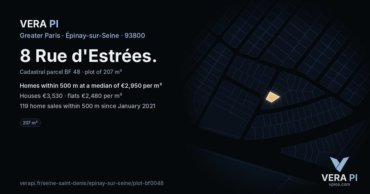 8 Rue d'Estrées, Épinay-sur-Seine at night – the plot lit, the parcels around coloured by the prices near them