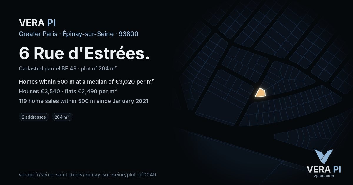 6 Rue d'Estrées, Épinay-sur-Seine at night – the plot lit, the parcels around coloured by the prices near them