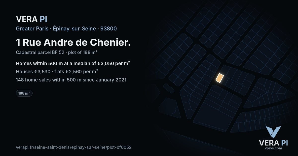 1 Rue Andre de Chenier, Épinay-sur-Seine at night – the plot lit, the parcels around coloured by the prices near them