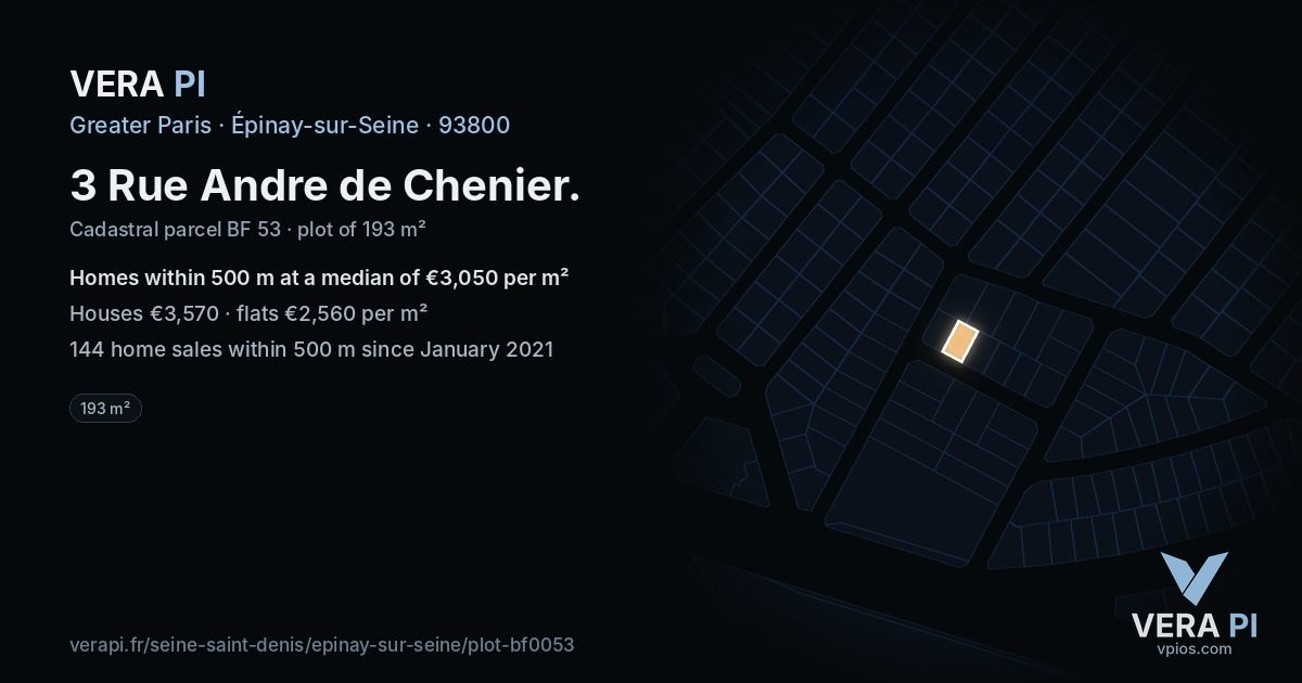 3 Rue Andre de Chenier, Épinay-sur-Seine at night – the plot lit, the parcels around coloured by the prices near them