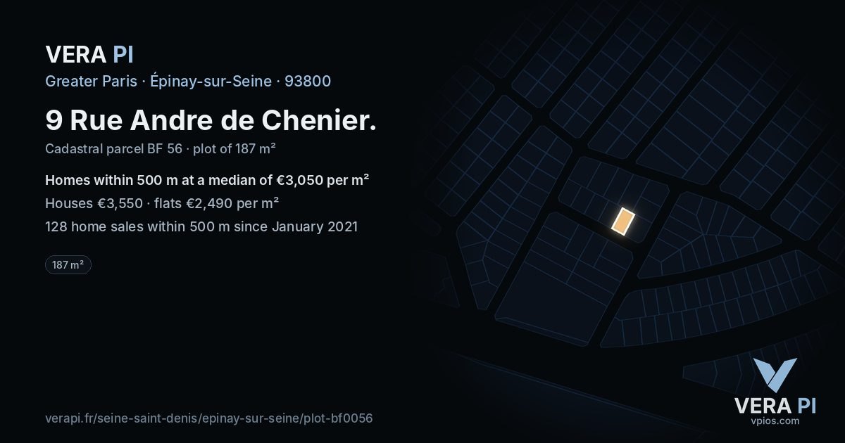 9 Rue Andre de Chenier, Épinay-sur-Seine at night – the plot lit, the parcels around coloured by the prices near them