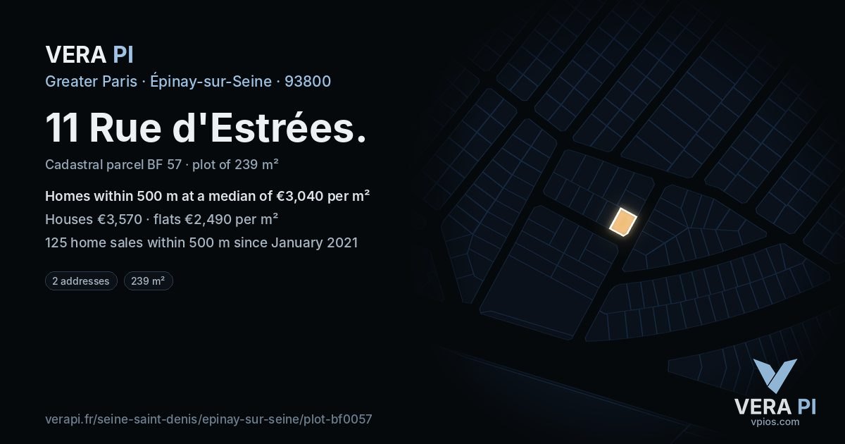 11 Rue d'Estrées, Épinay-sur-Seine at night – the plot lit, the parcels around coloured by the prices near them