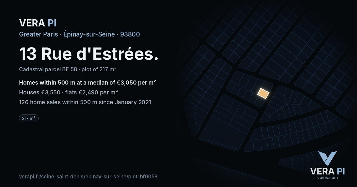 13 Rue d'Estrées, Épinay-sur-Seine at night – the plot lit, the parcels around coloured by the prices near them