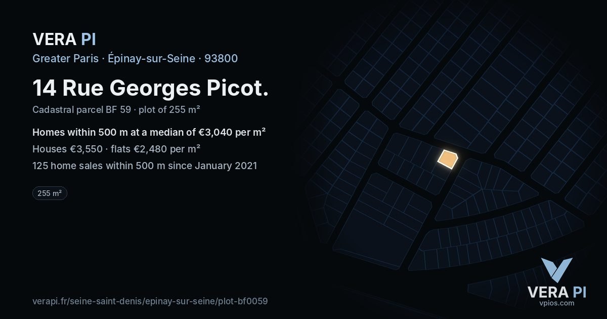 14 Rue Georges Picot, Épinay-sur-Seine at night – the plot lit, the parcels around coloured by the prices near them