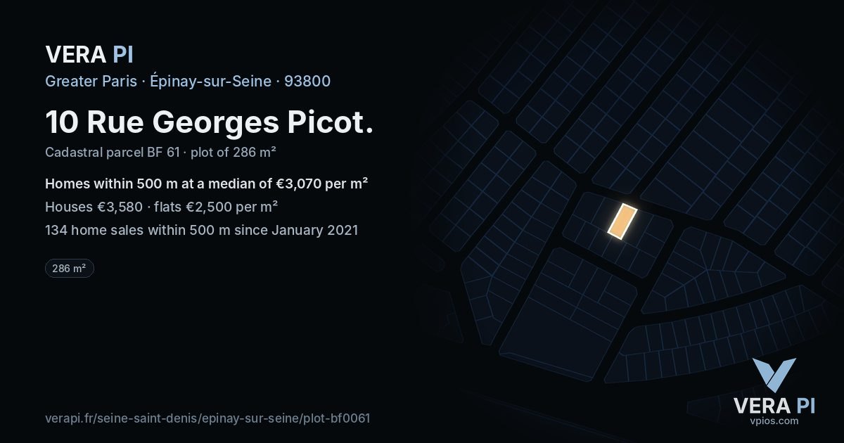 10 Rue Georges Picot, Épinay-sur-Seine at night – the plot lit, the parcels around coloured by the prices near them