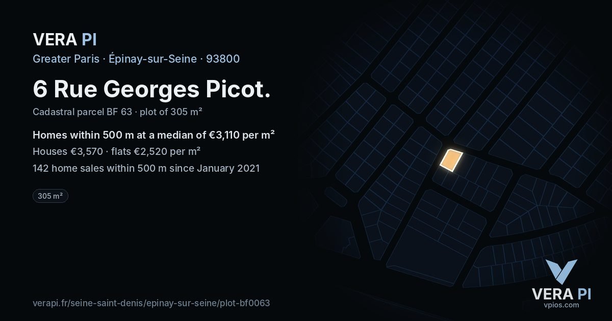 6 Rue Georges Picot, Épinay-sur-Seine at night – the plot lit, the parcels around coloured by the prices near them
