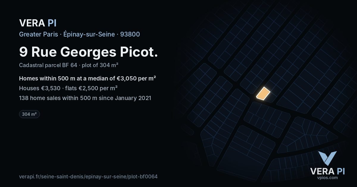 9 Rue Georges Picot, Épinay-sur-Seine at night – the plot lit, the parcels around coloured by the prices near them
