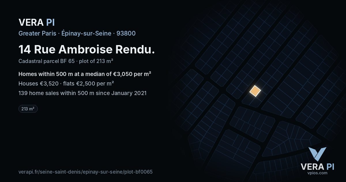 14 Rue Ambroise Rendu, Épinay-sur-Seine at night – the plot lit, the parcels around coloured by the prices near them