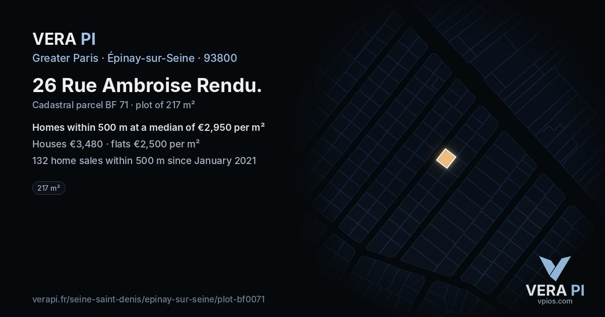 26 Rue Ambroise Rendu, Épinay-sur-Seine at night – the plot lit, the parcels around coloured by the prices near them