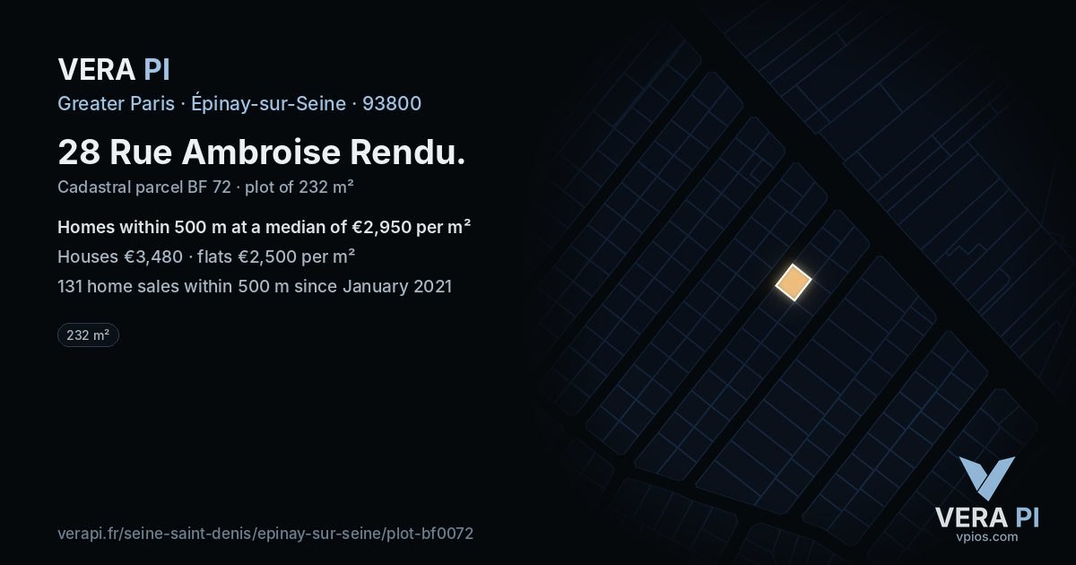28 Rue Ambroise Rendu, Épinay-sur-Seine at night – the plot lit, the parcels around coloured by the prices near them