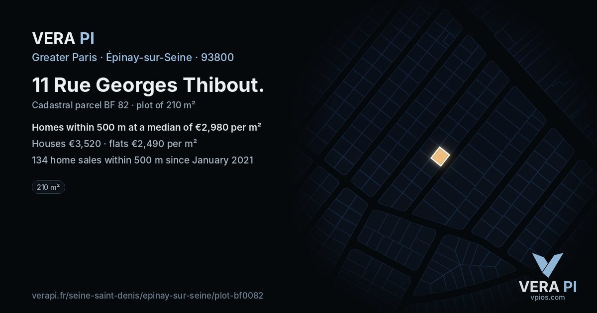 11 Rue Georges Thibout, Épinay-sur-Seine at night – the plot lit, the parcels around coloured by the prices near them