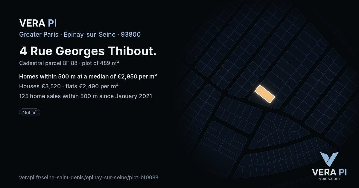 4 Rue Georges Thibout, Épinay-sur-Seine at night – the plot lit, the parcels around coloured by the prices near them
