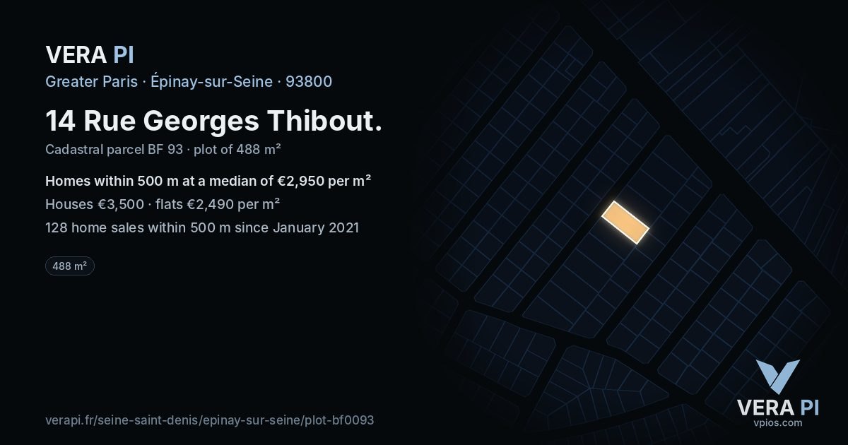 14 Rue Georges Thibout, Épinay-sur-Seine at night – the plot lit, the parcels around coloured by the prices near them
