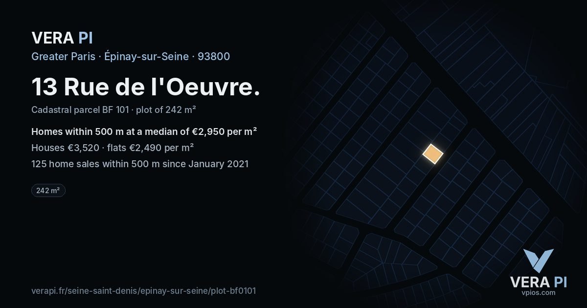 13 Rue de l'Oeuvre, Épinay-sur-Seine at night – the plot lit, the parcels around coloured by the prices near them