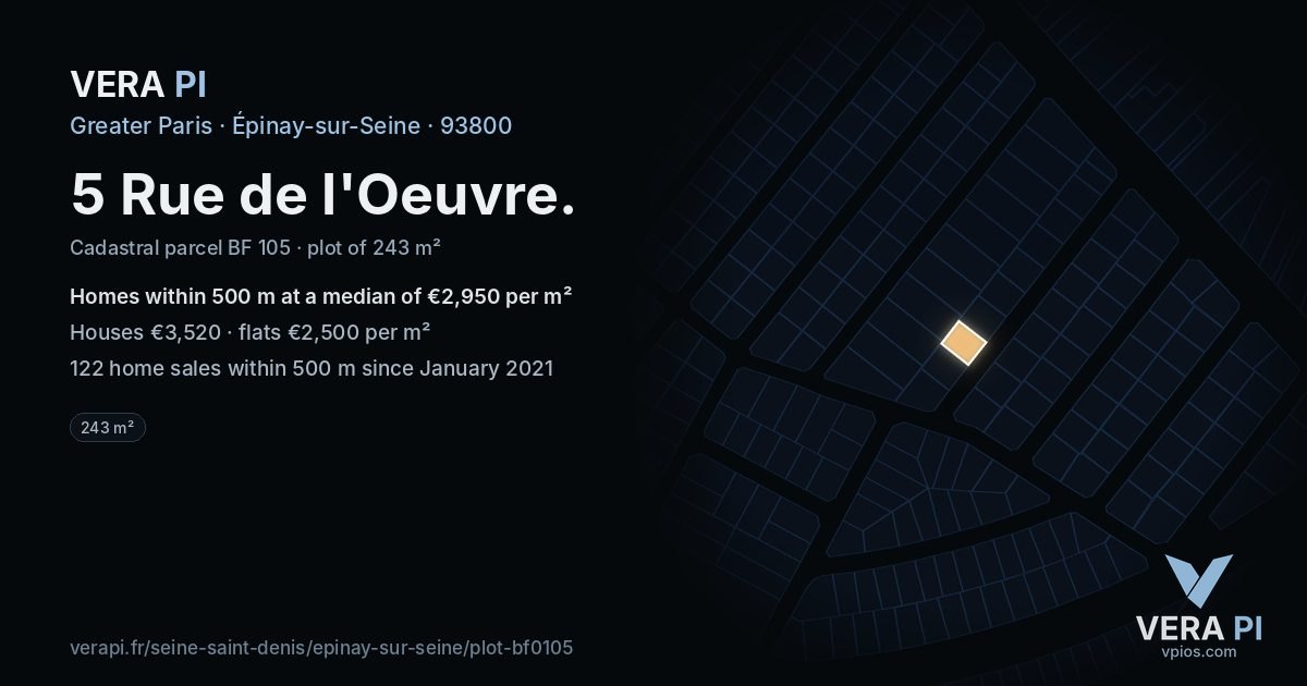 5 Rue de l'Oeuvre, Épinay-sur-Seine at night – the plot lit, the parcels around coloured by the prices near them