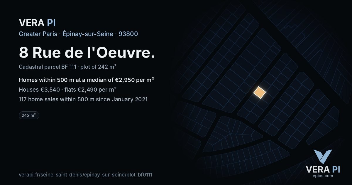 8 Rue de l'Oeuvre, Épinay-sur-Seine at night – the plot lit, the parcels around coloured by the prices near them
