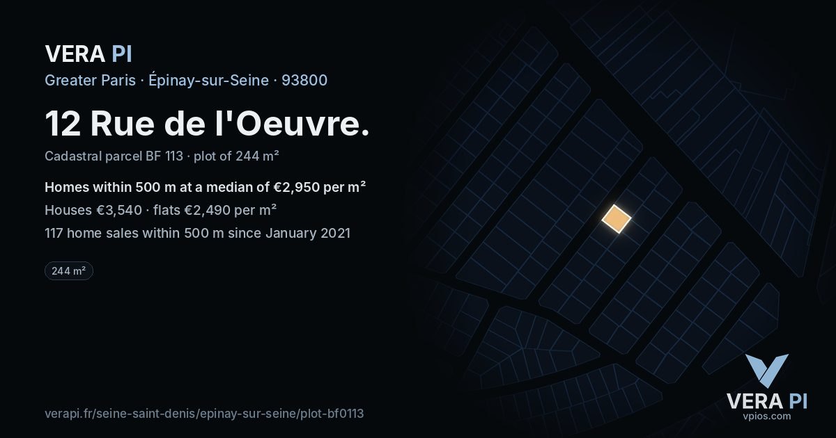 12 Rue de l'Oeuvre, Épinay-sur-Seine at night – the plot lit, the parcels around coloured by the prices near them