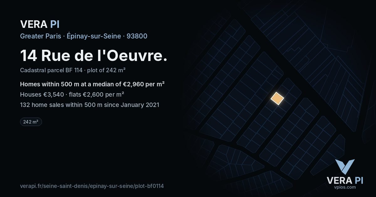 14 Rue de l'Oeuvre, Épinay-sur-Seine at night – the plot lit, the parcels around coloured by the prices near them