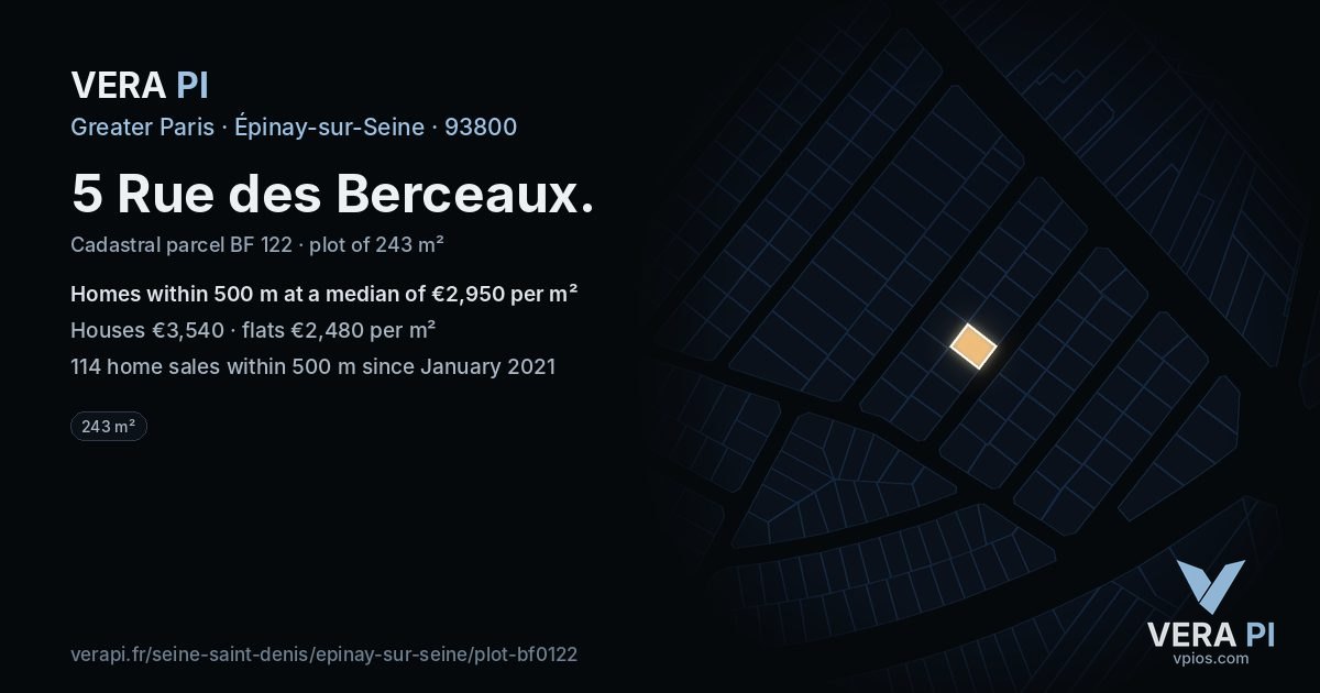 5 Rue des Berceaux, Épinay-sur-Seine at night – the plot lit, the parcels around coloured by the prices near them