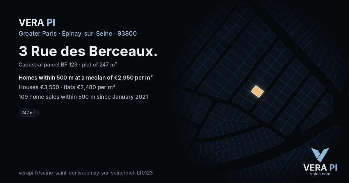 3 Rue des Berceaux, Épinay-sur-Seine at night – the plot lit, the parcels around coloured by the prices near them