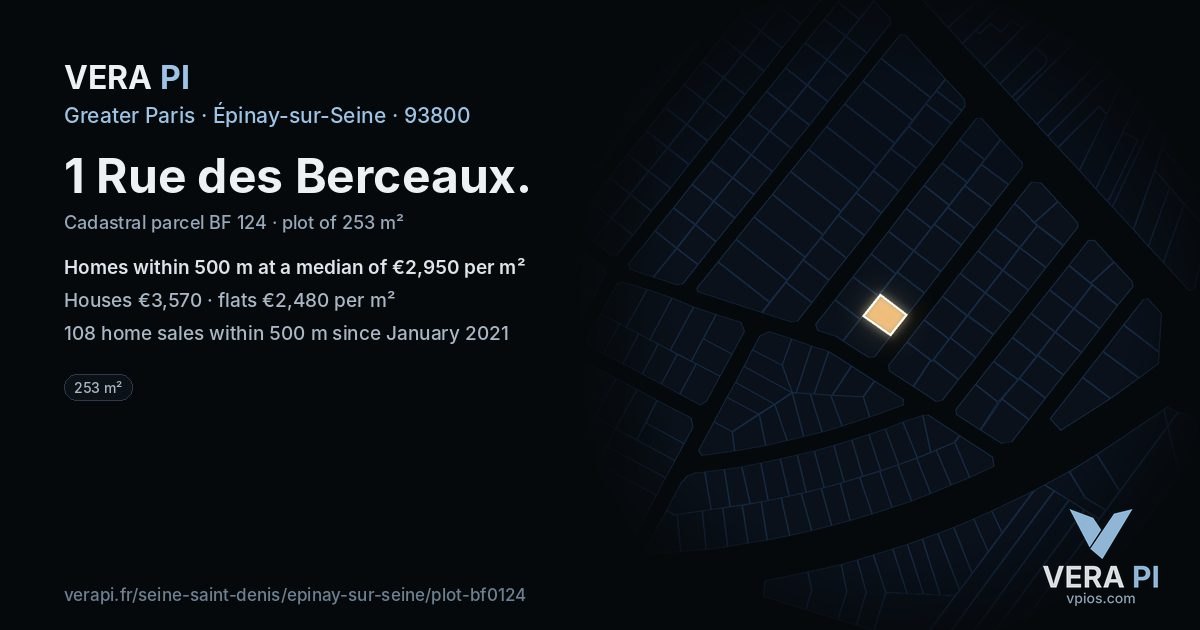 1 Rue des Berceaux, Épinay-sur-Seine at night – the plot lit, the parcels around coloured by the prices near them