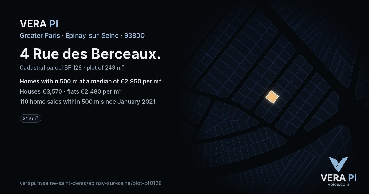 4 Rue des Berceaux, Épinay-sur-Seine at night – the plot lit, the parcels around coloured by the prices near them
