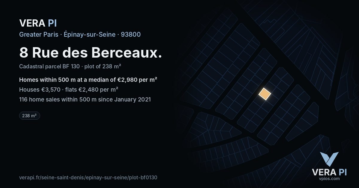 8 Rue des Berceaux, Épinay-sur-Seine at night – the plot lit, the parcels around coloured by the prices near them