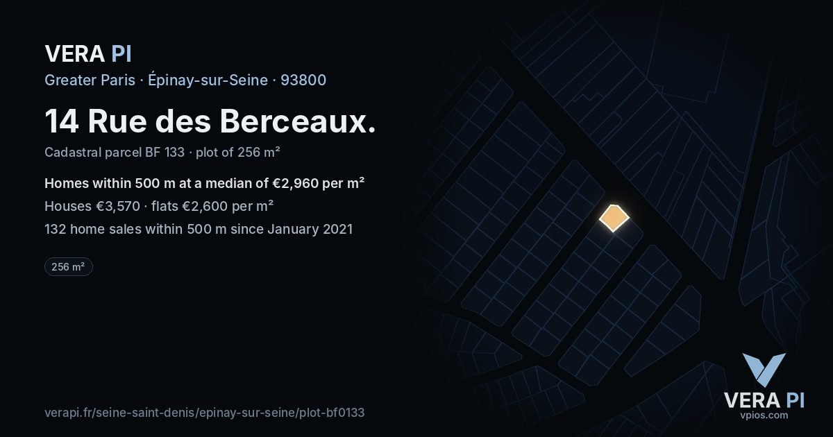 14 Rue des Berceaux, Épinay-sur-Seine at night – the plot lit, the parcels around coloured by the prices near them