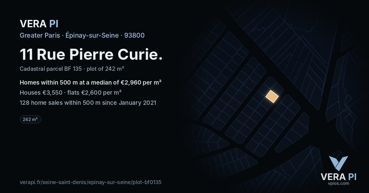 11 Rue Pierre Curie, Épinay-sur-Seine at night – the plot lit, the parcels around coloured by the prices near them