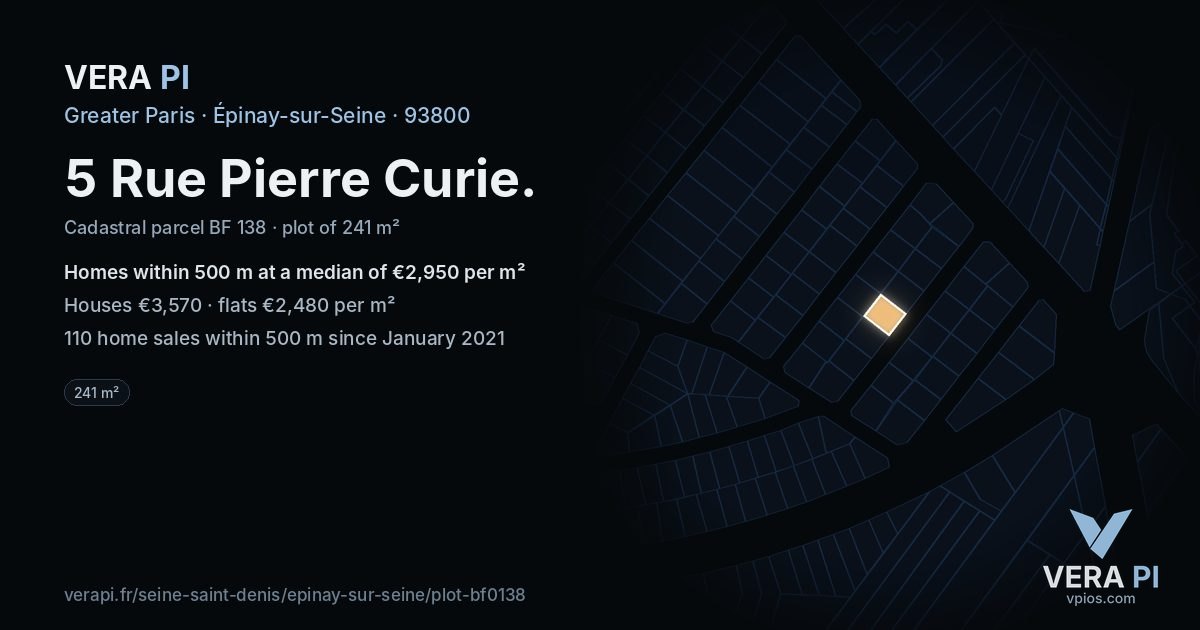 5 Rue Pierre Curie, Épinay-sur-Seine at night – the plot lit, the parcels around coloured by the prices near them