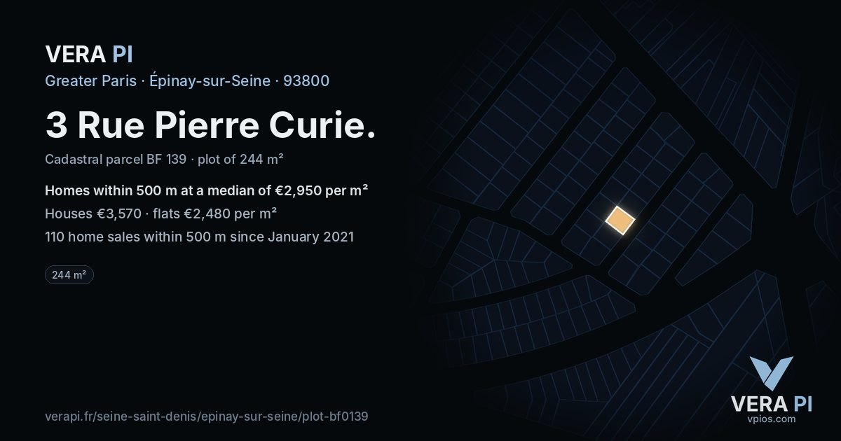 3 Rue Pierre Curie, Épinay-sur-Seine at night – the plot lit, the parcels around coloured by the prices near them