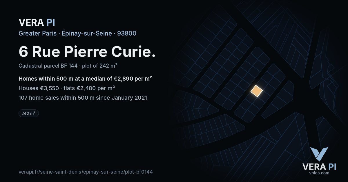 6 Rue Pierre Curie, Épinay-sur-Seine at night – the plot lit, the parcels around coloured by the prices near them