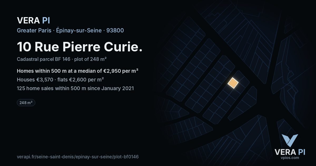 10 Rue Pierre Curie, Épinay-sur-Seine at night – the plot lit, the parcels around coloured by the prices near them