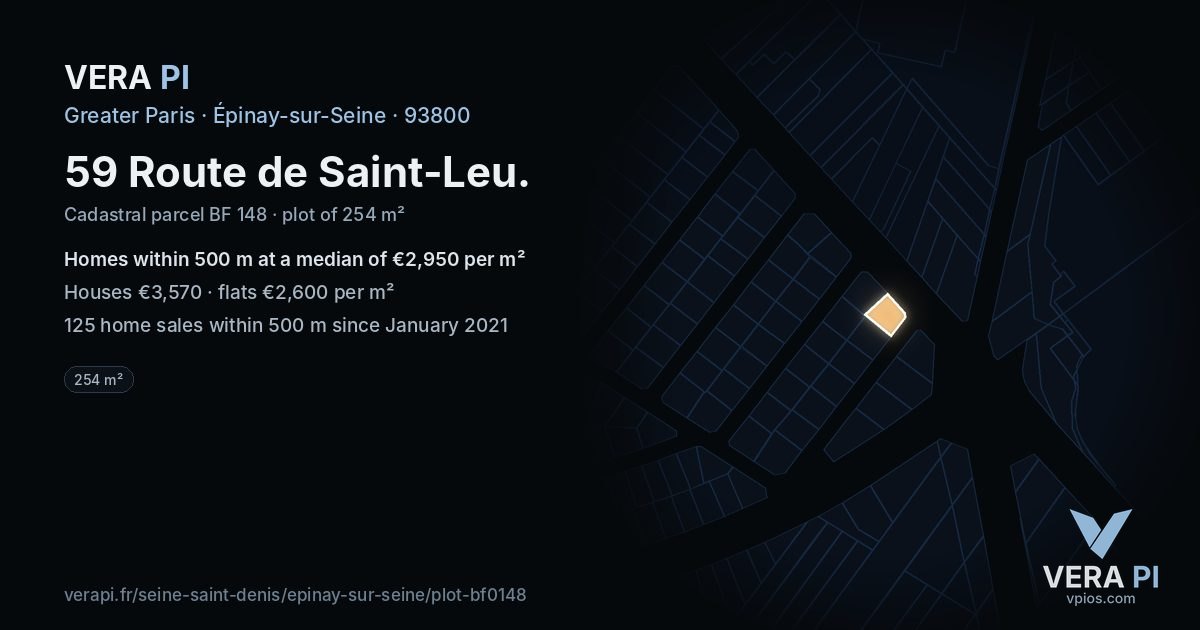 59 Route de Saint-Leu, Épinay-sur-Seine at night – the plot lit, the parcels around coloured by the prices near them