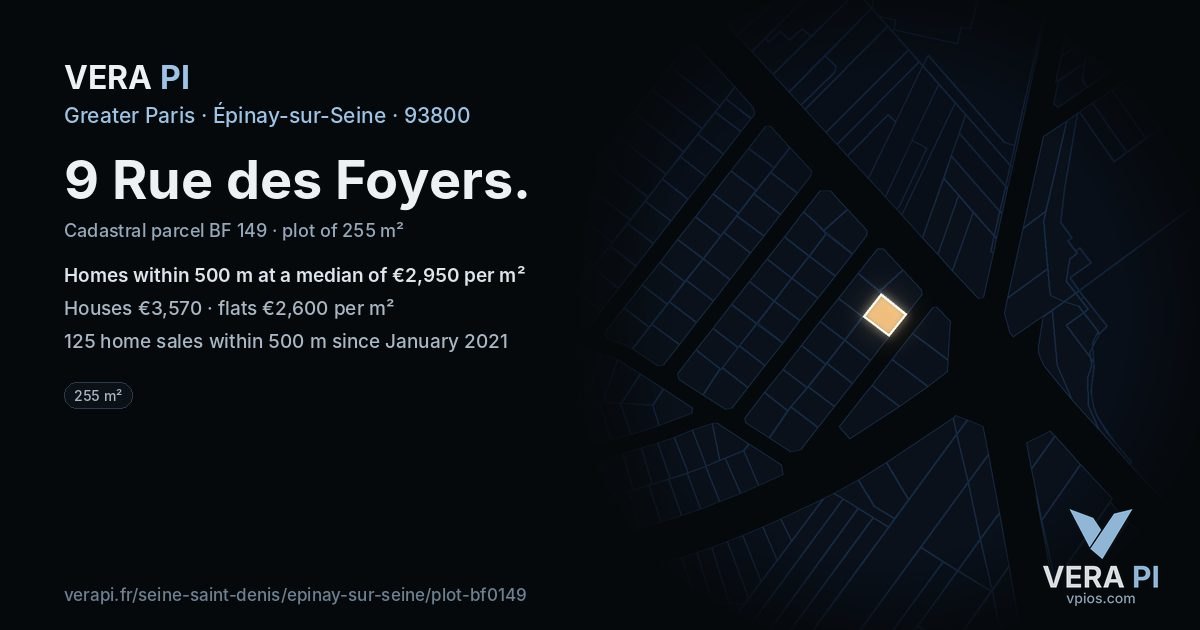 9 Rue des Foyers, Épinay-sur-Seine at night – the plot lit, the parcels around coloured by the prices near them