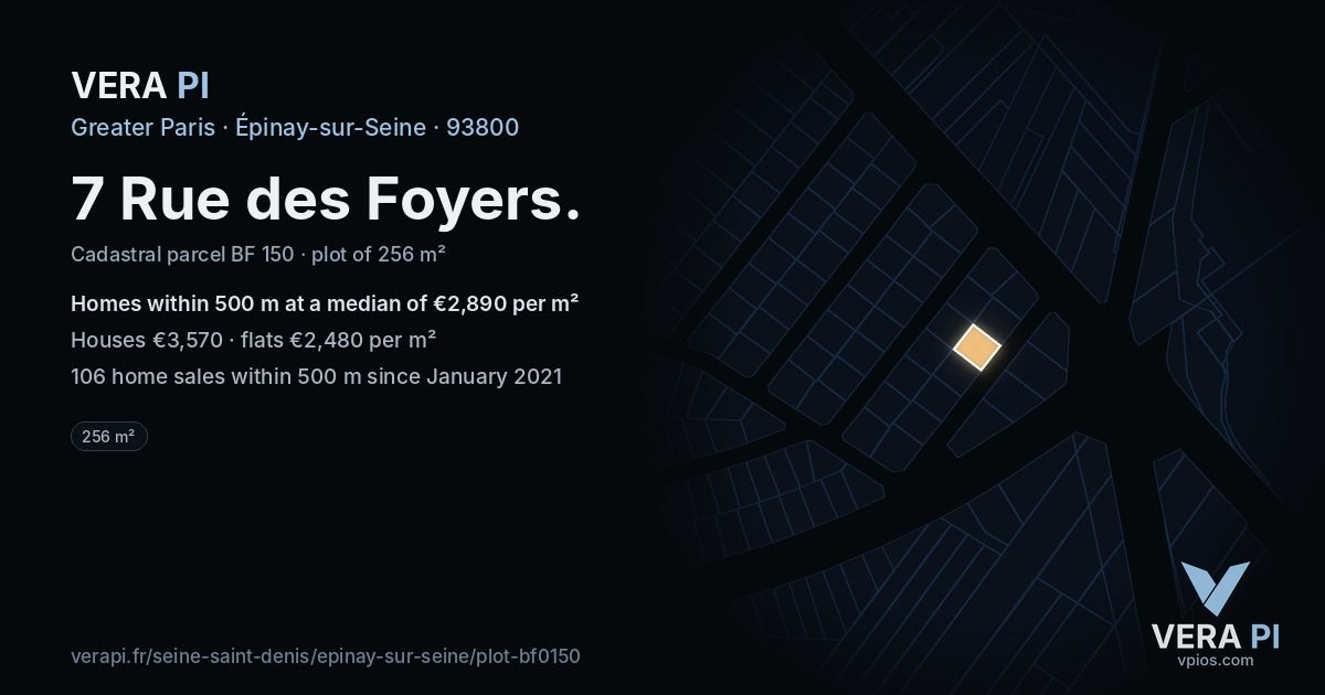7 Rue des Foyers, Épinay-sur-Seine at night – the plot lit, the parcels around coloured by the prices near them