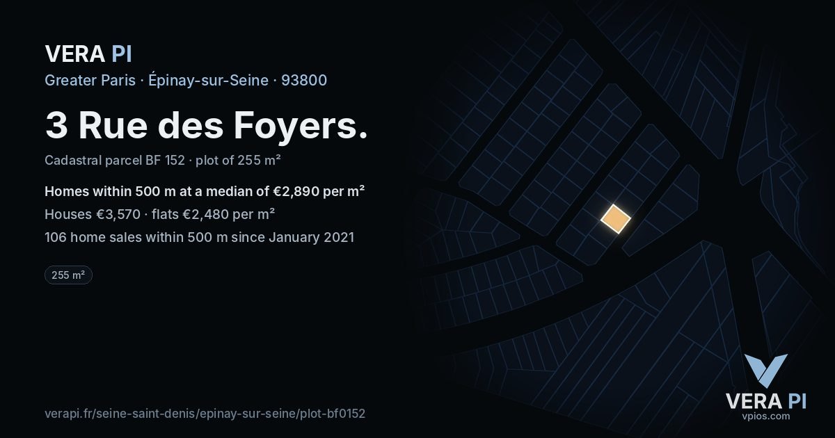 3 Rue des Foyers, Épinay-sur-Seine at night – the plot lit, the parcels around coloured by the prices near them