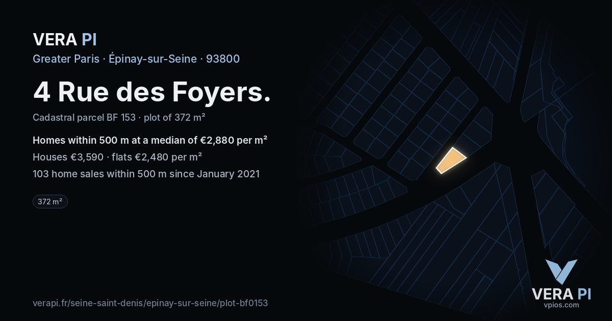 4 Rue des Foyers, Épinay-sur-Seine at night – the plot lit, the parcels around coloured by the prices near them