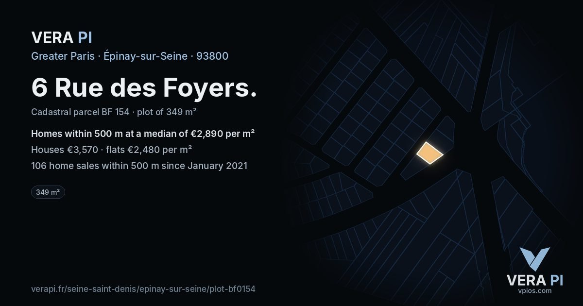 6 Rue des Foyers, Épinay-sur-Seine at night – the plot lit, the parcels around coloured by the prices near them