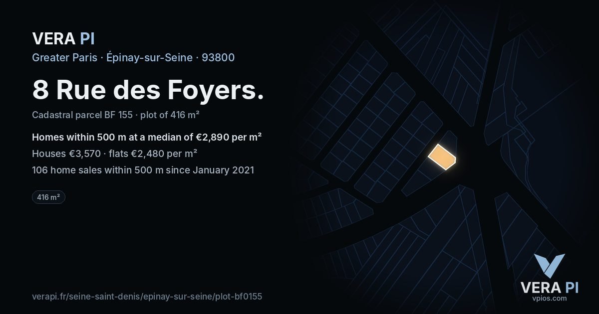 8 Rue des Foyers, Épinay-sur-Seine at night – the plot lit, the parcels around coloured by the prices near them