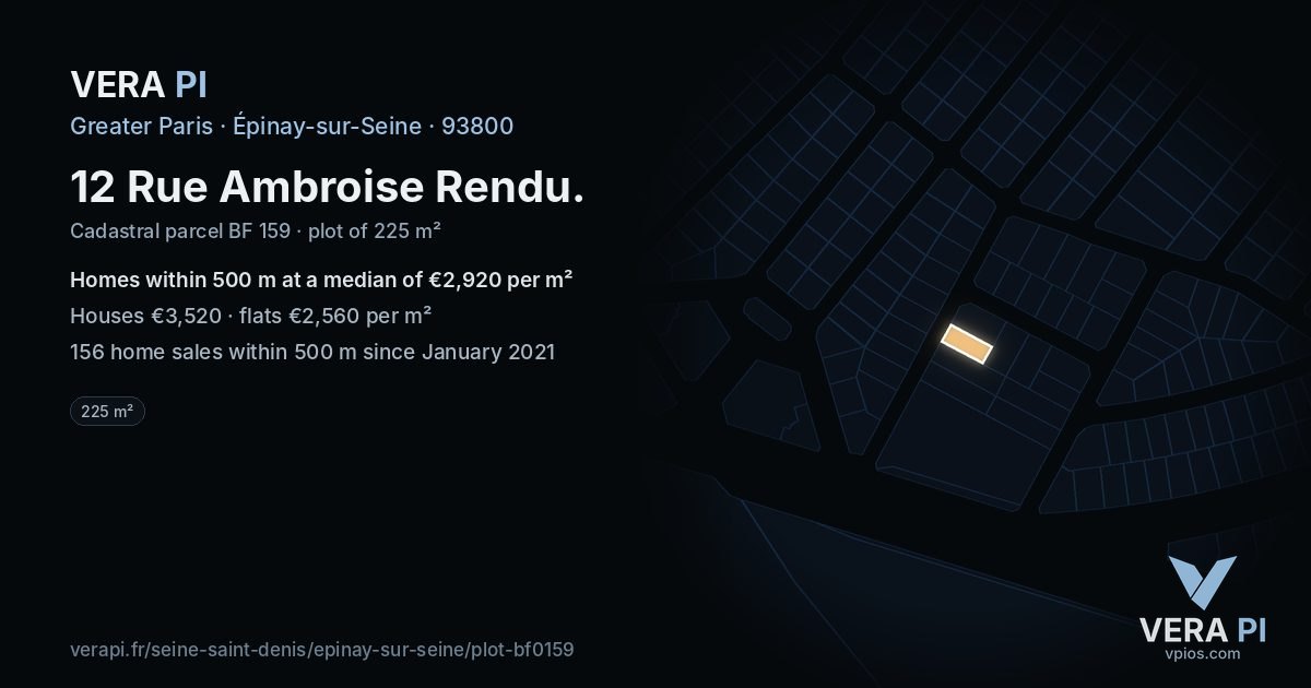 12 Rue Ambroise Rendu, Épinay-sur-Seine at night – the plot lit, the parcels around coloured by the prices near them